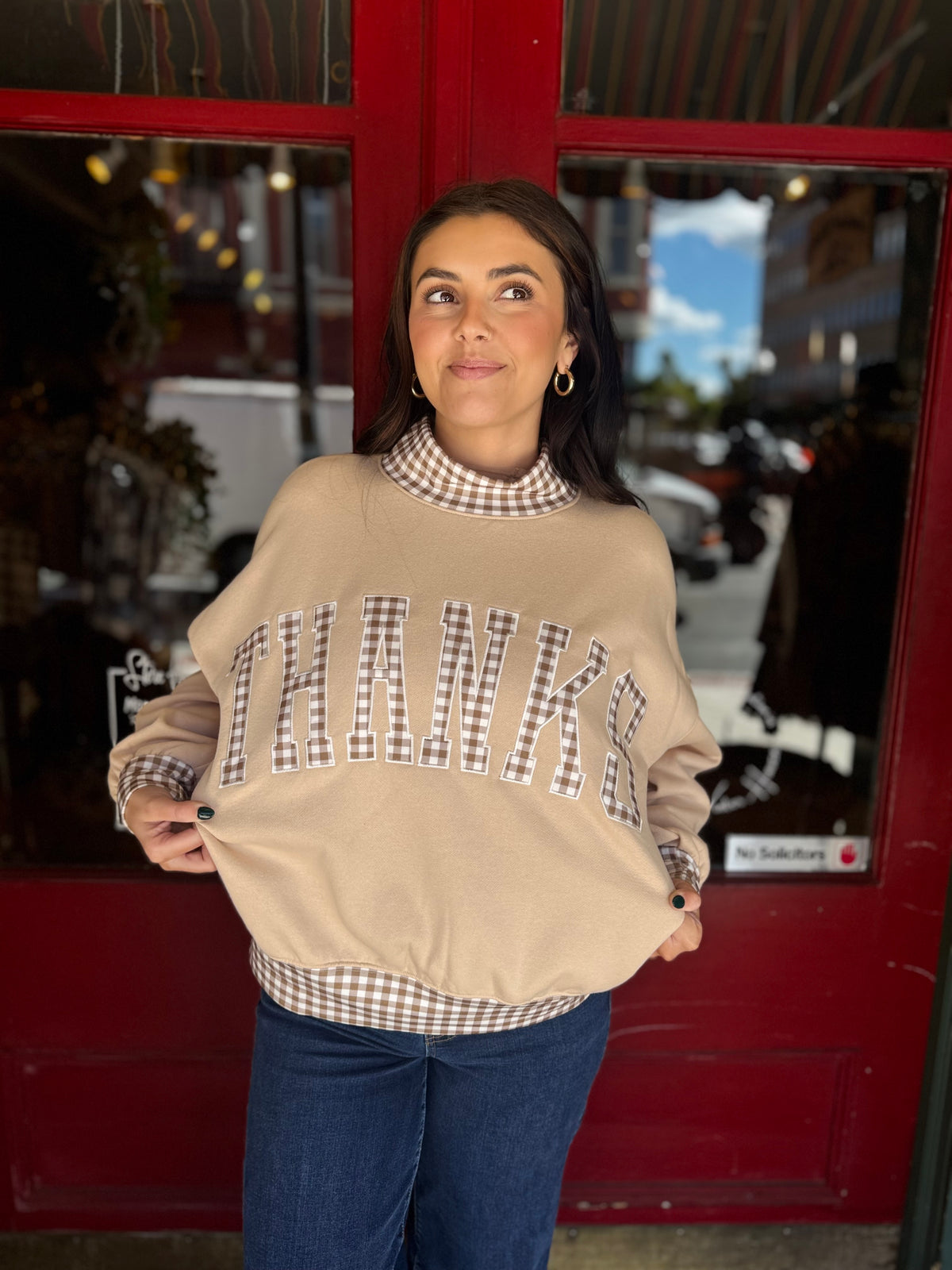 Thankful Patch – Cream Gingham Pullover