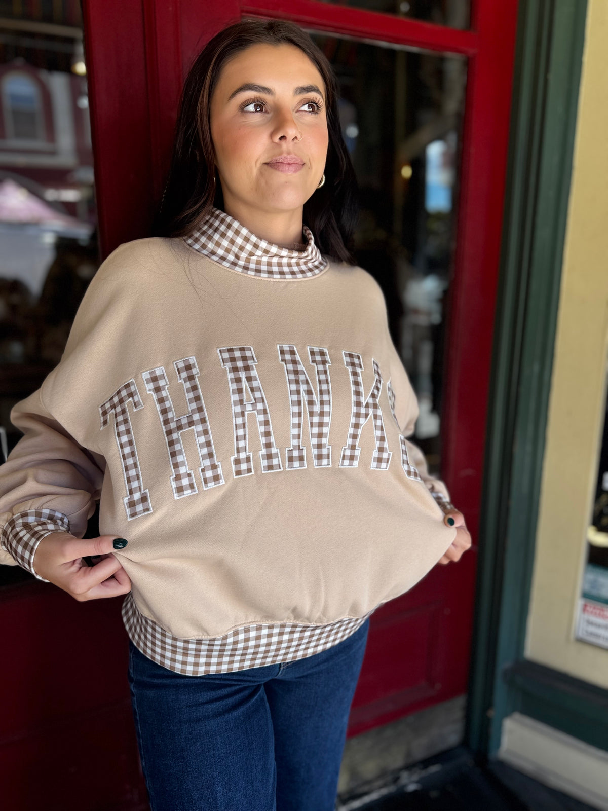 Thankful Patch – Cream Gingham Pullover