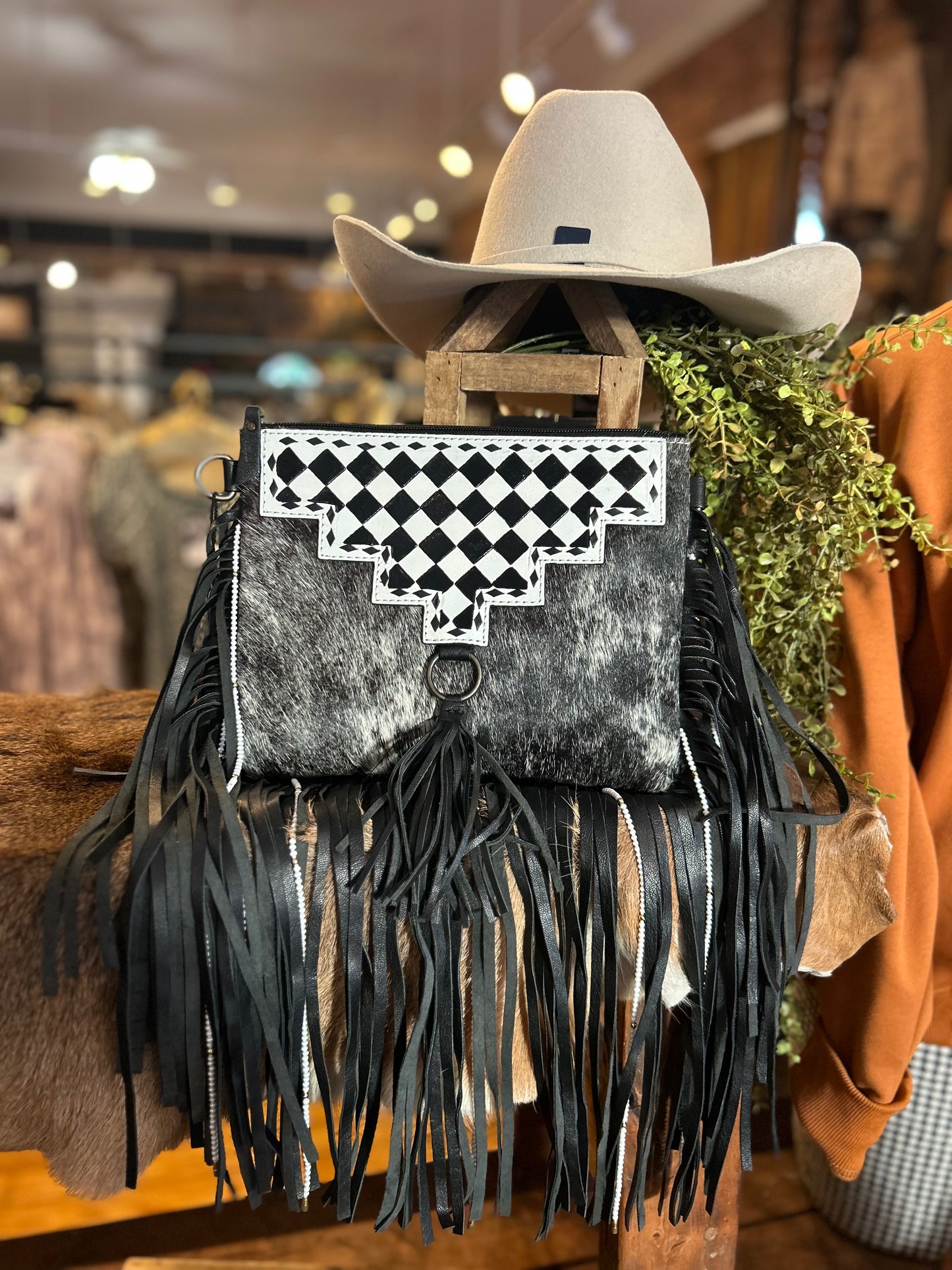 Checkered Print & Cowhide Crossbody Purse