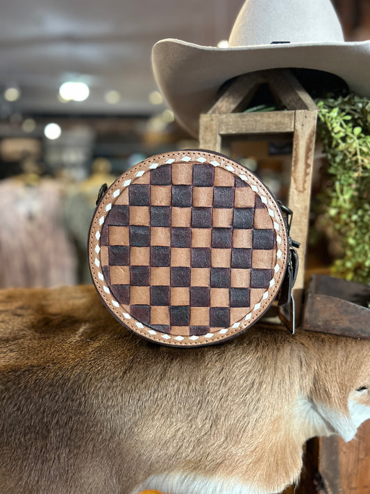 Brown & Tan Checkered Canteen Crossbody