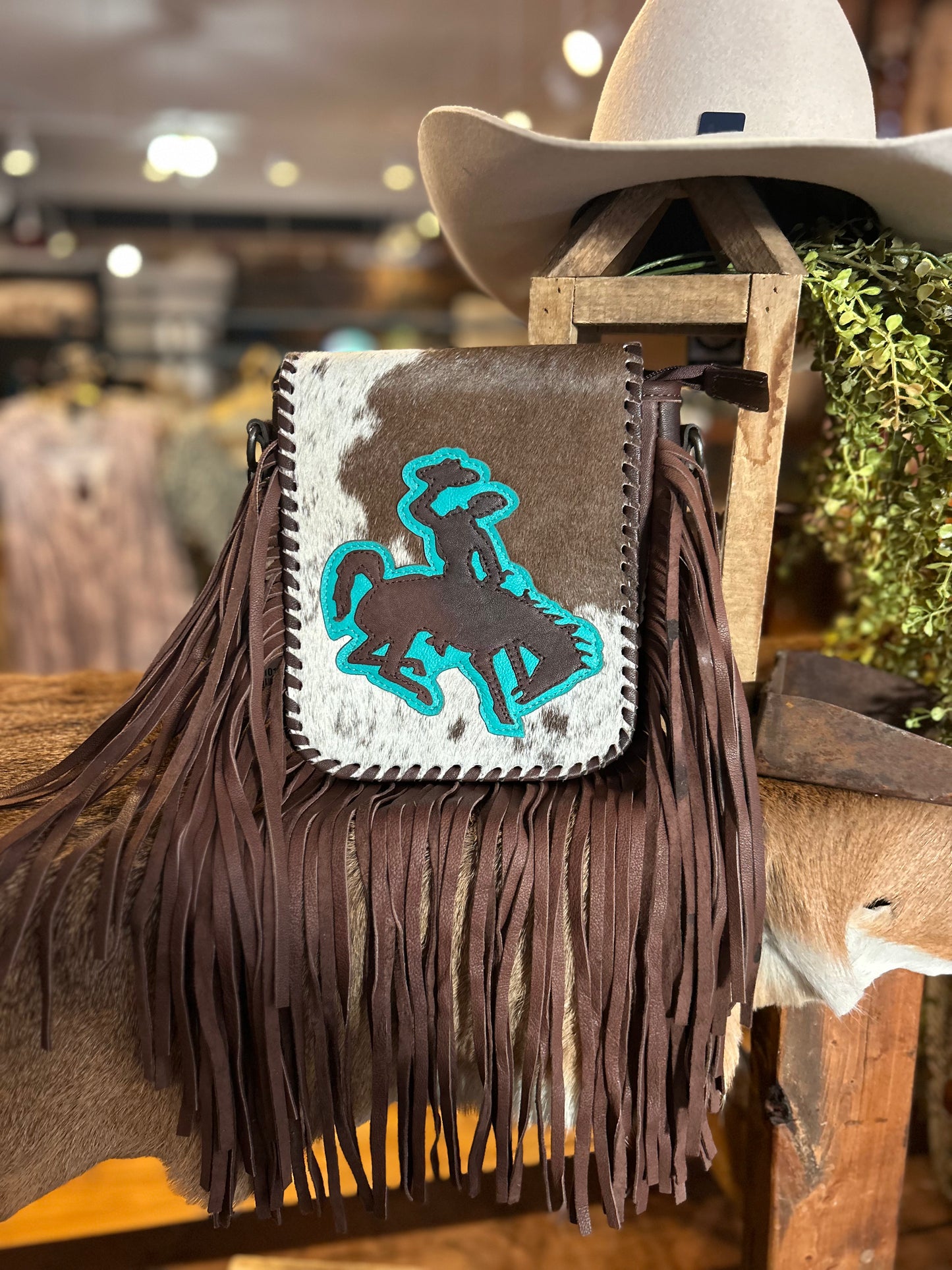 Bucking Cowboy- Brown Cowhide Crossbody