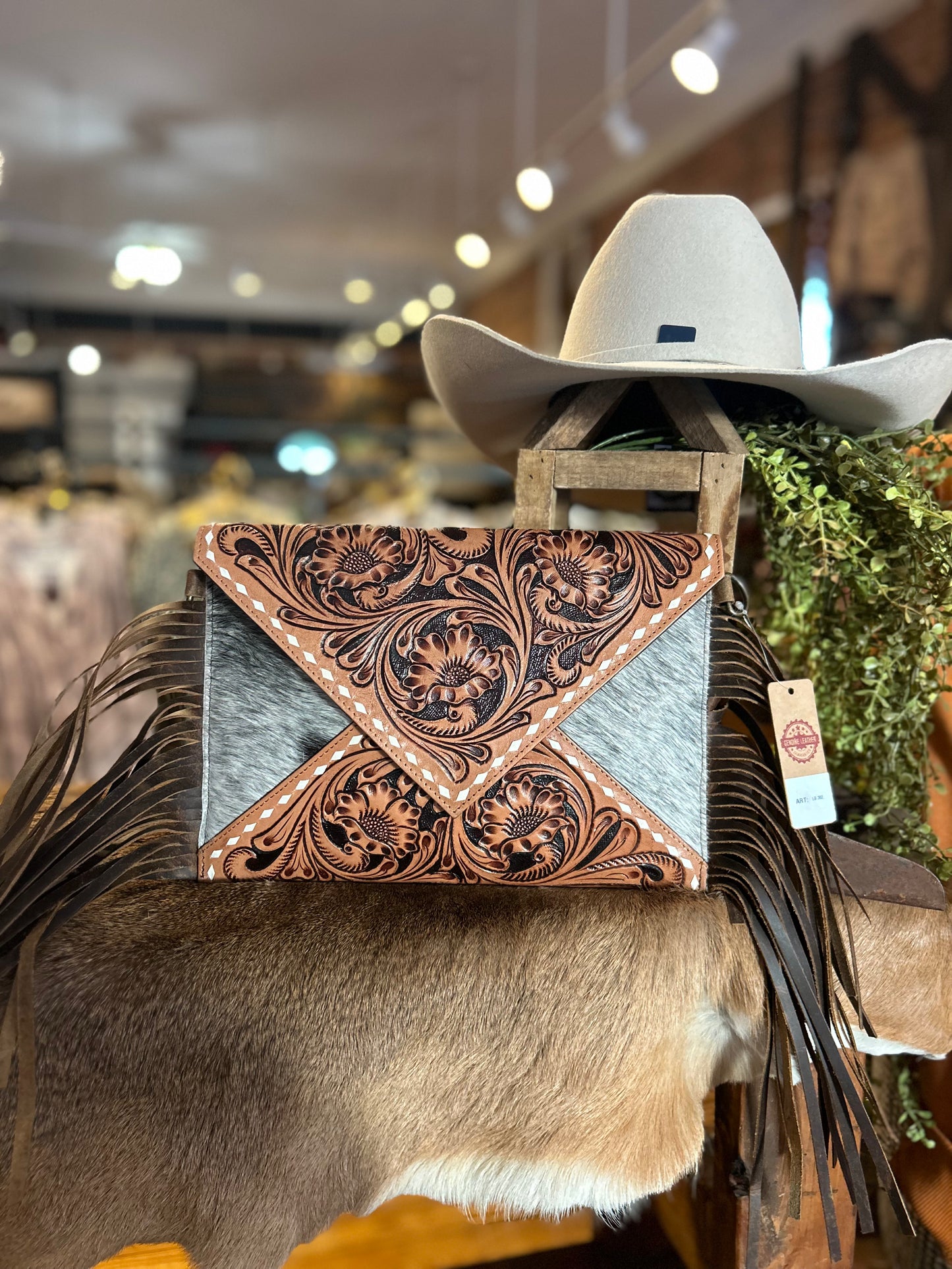Tooled Leather & Black Cowhide Crossbody