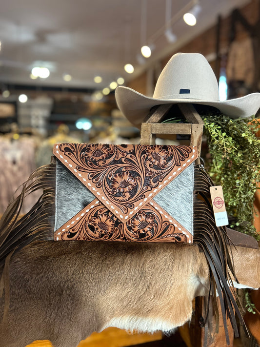 Tooled Leather & Black Cowhide Crossbody