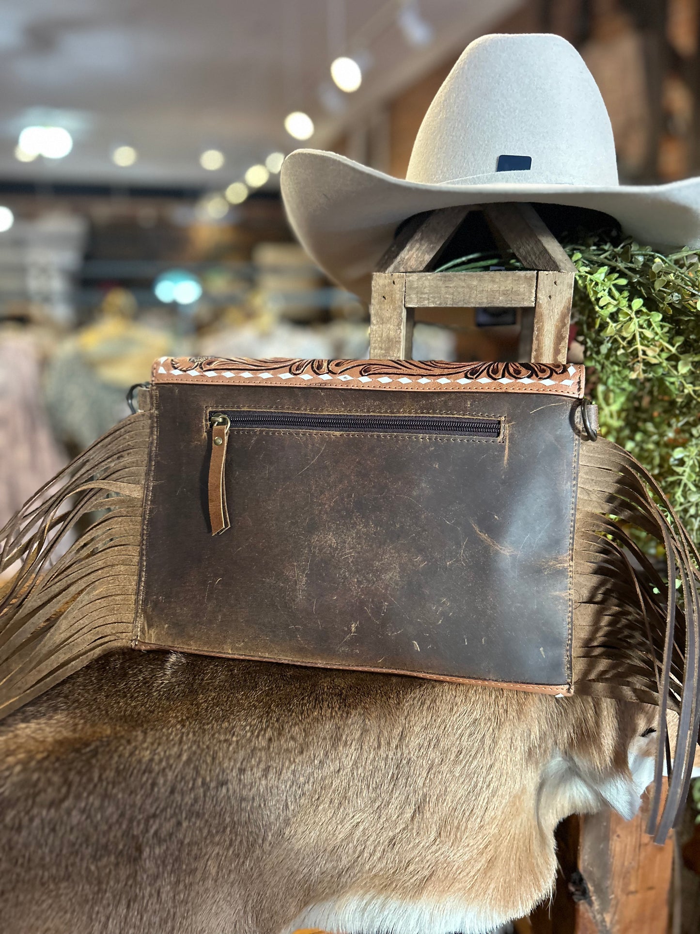 Tooled Leather & Black Cowhide Crossbody