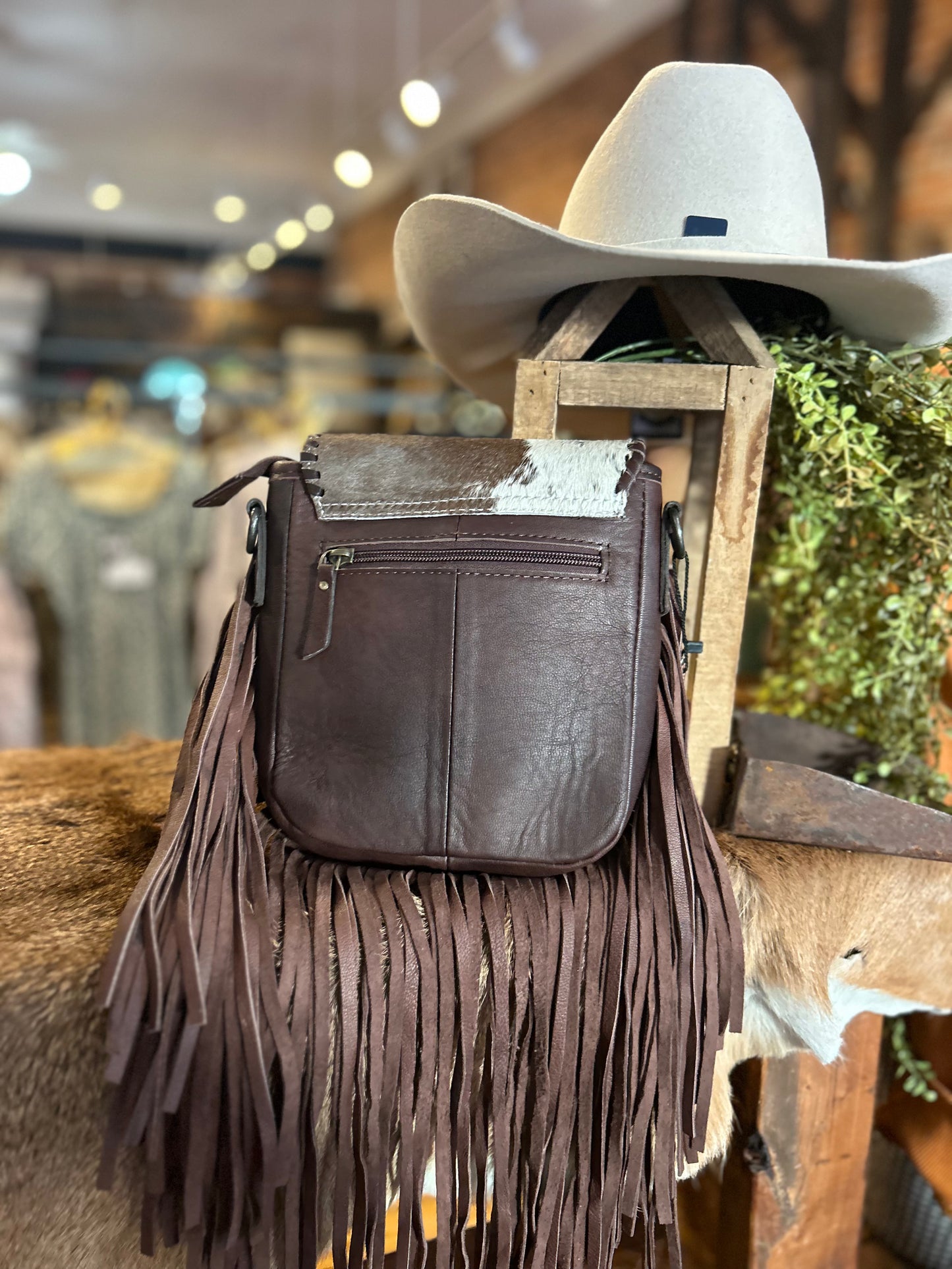 Bucking Cowboy- Brown Cowhide Crossbody