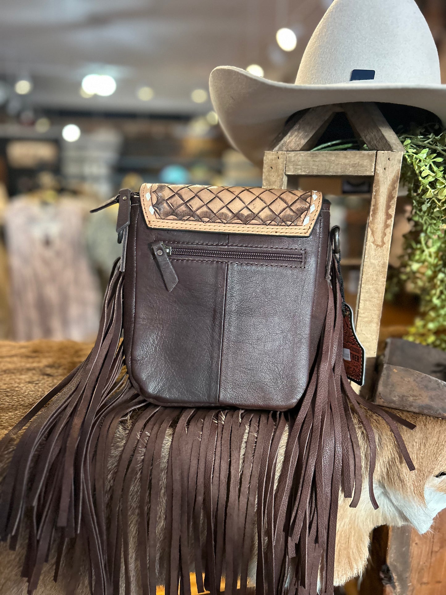 Goat Tooled Leather & Cowhide Fringe Crossbody