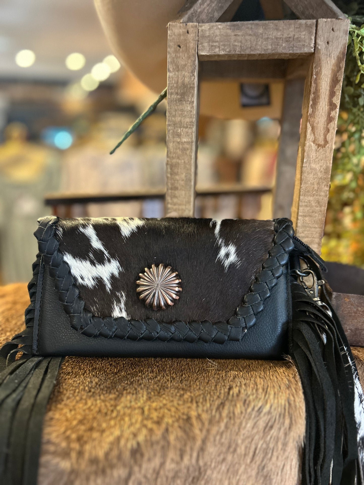 Black Cowhide Concho Wristlet