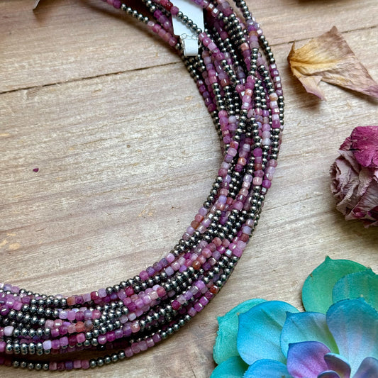 Natural Cubic Ruby Necklace with Sterling Silver Pearls – 19”