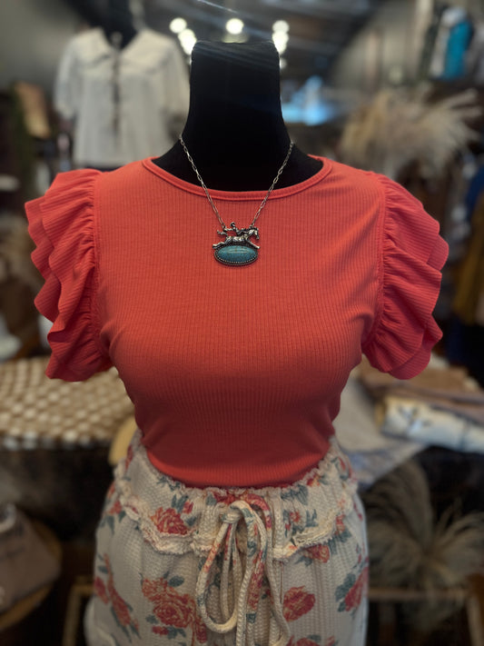 Coral Ruffle- Coral Ribbed Bodysuit