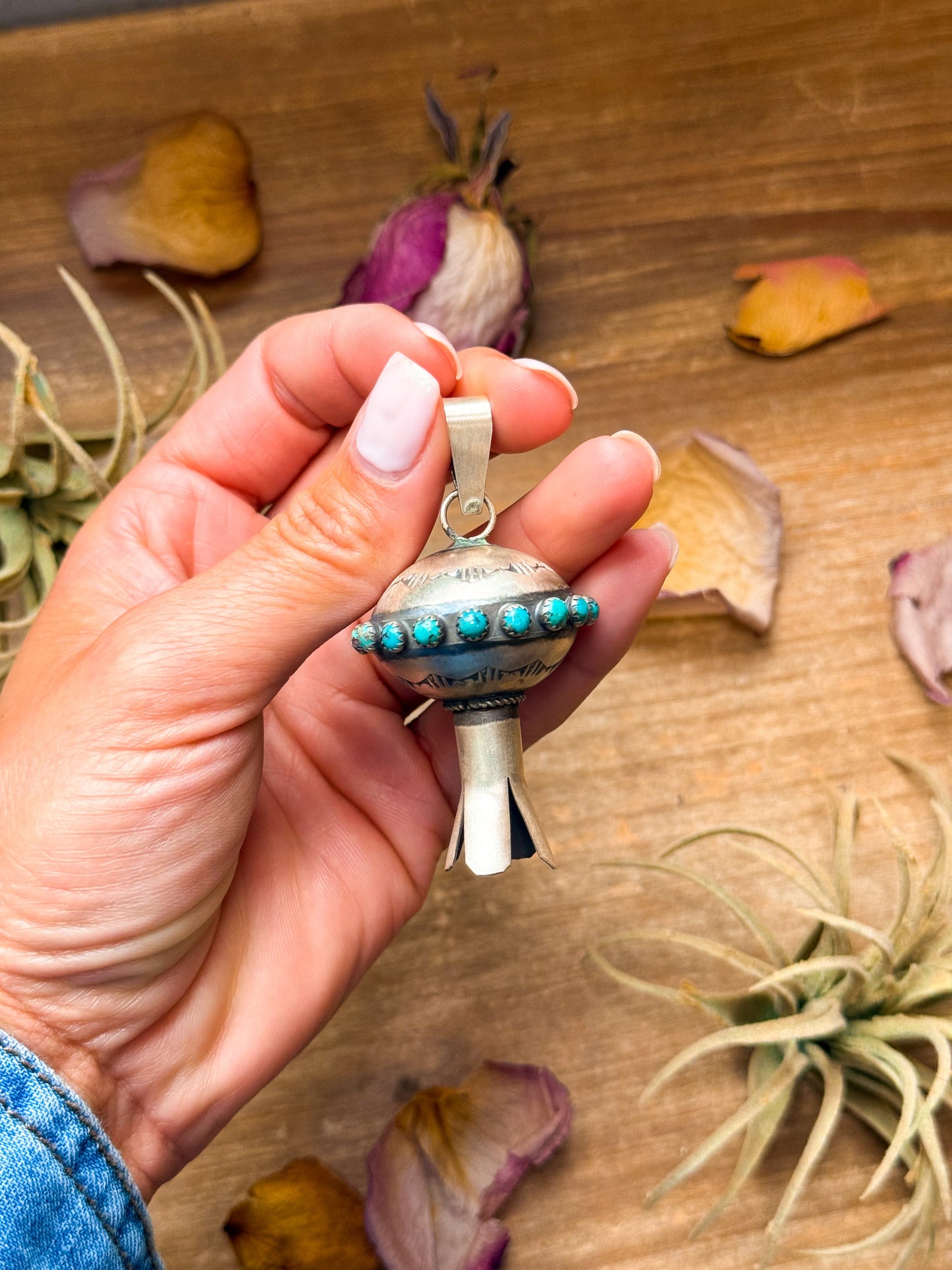 Sterling Silver Blossom Pendant with Kingman Turquoise – Native Made by M.S.