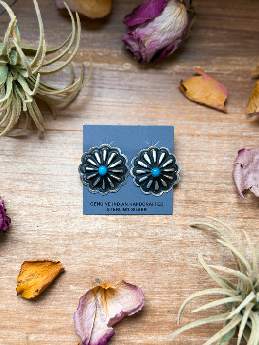 Sterling Silver Concho Earrings with Kingman Turquoise