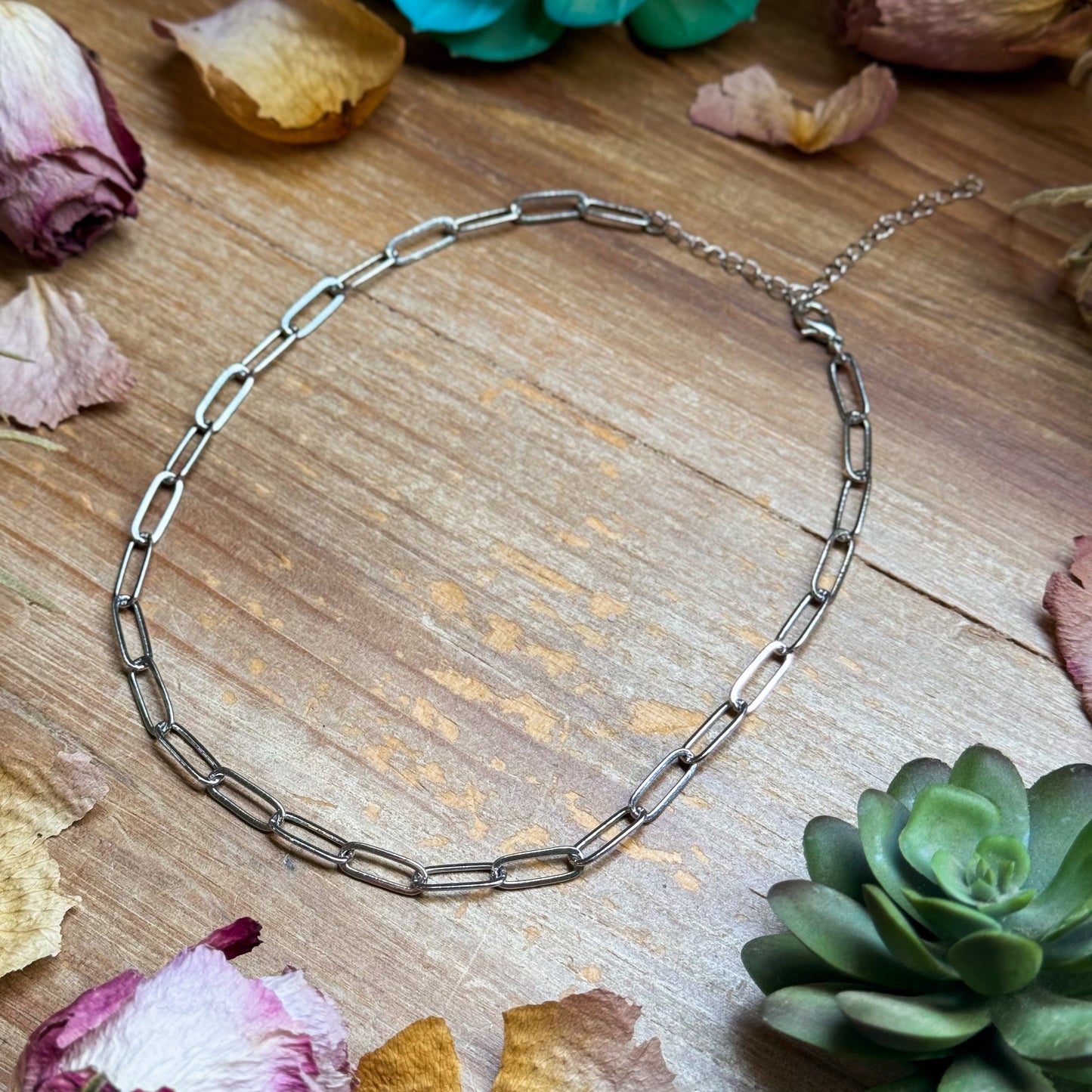 Silver Plated Paperclip Chain Choker – 14” + Extender