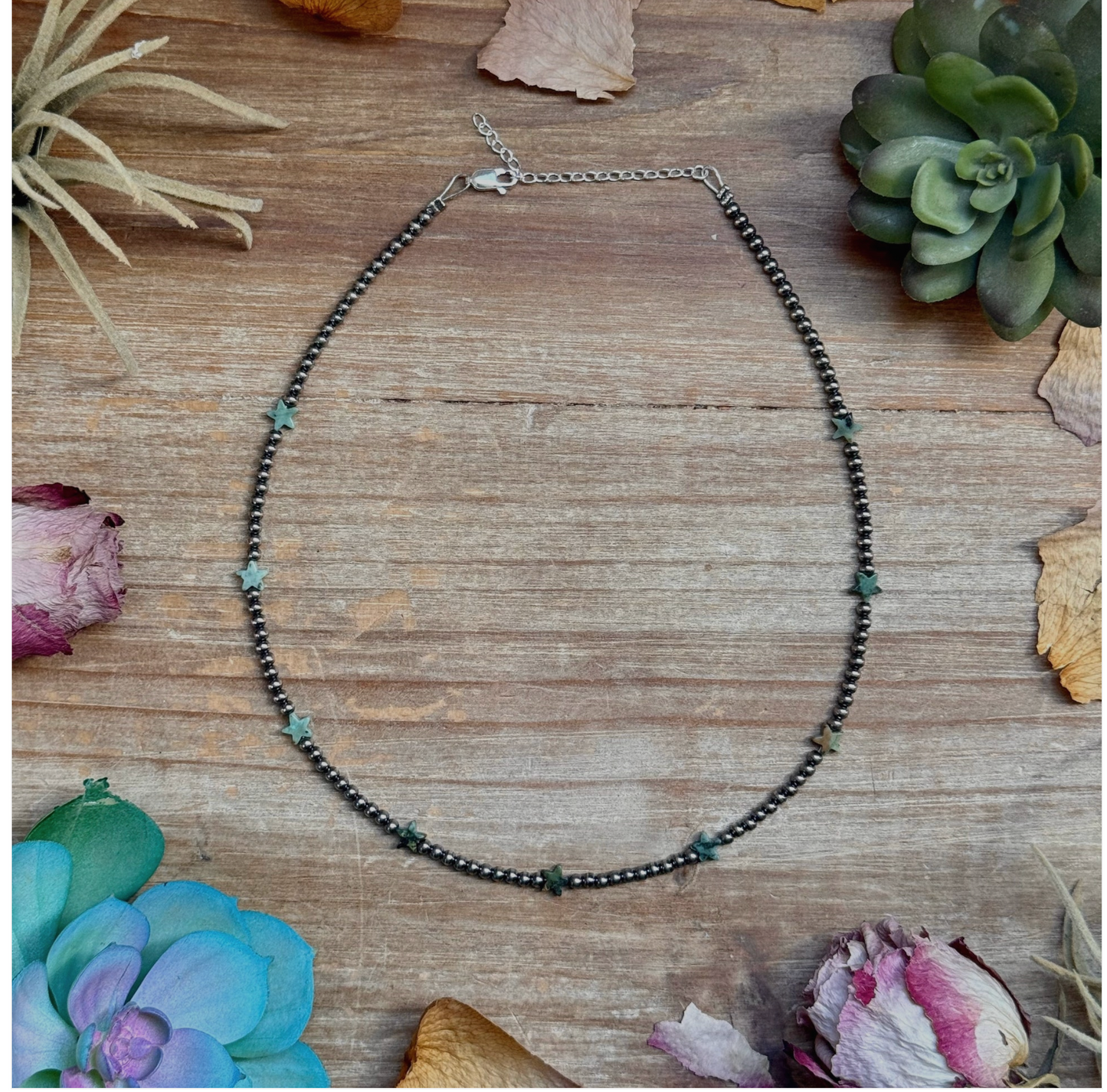 15” African Turquoise Star Necklace – Sterling Silver Pearls
