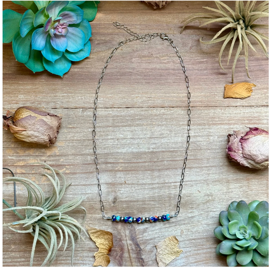 Sterling Silver Pearl & Lapis Turquoise Mix Paperclip Chain Necklace