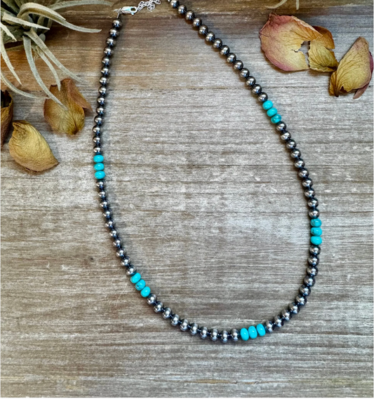 Sterling Silver Pearl & Blue Turquoise Necklace – 19"