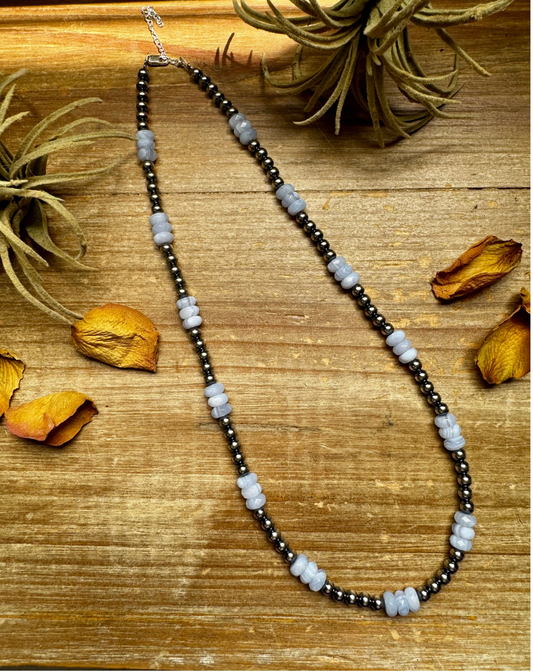Blue Lace Agate & Sterling Silver Pearl Necklace – 20
