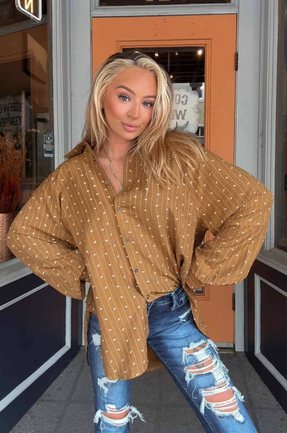 Bourbon & Bows - Camel Button Top