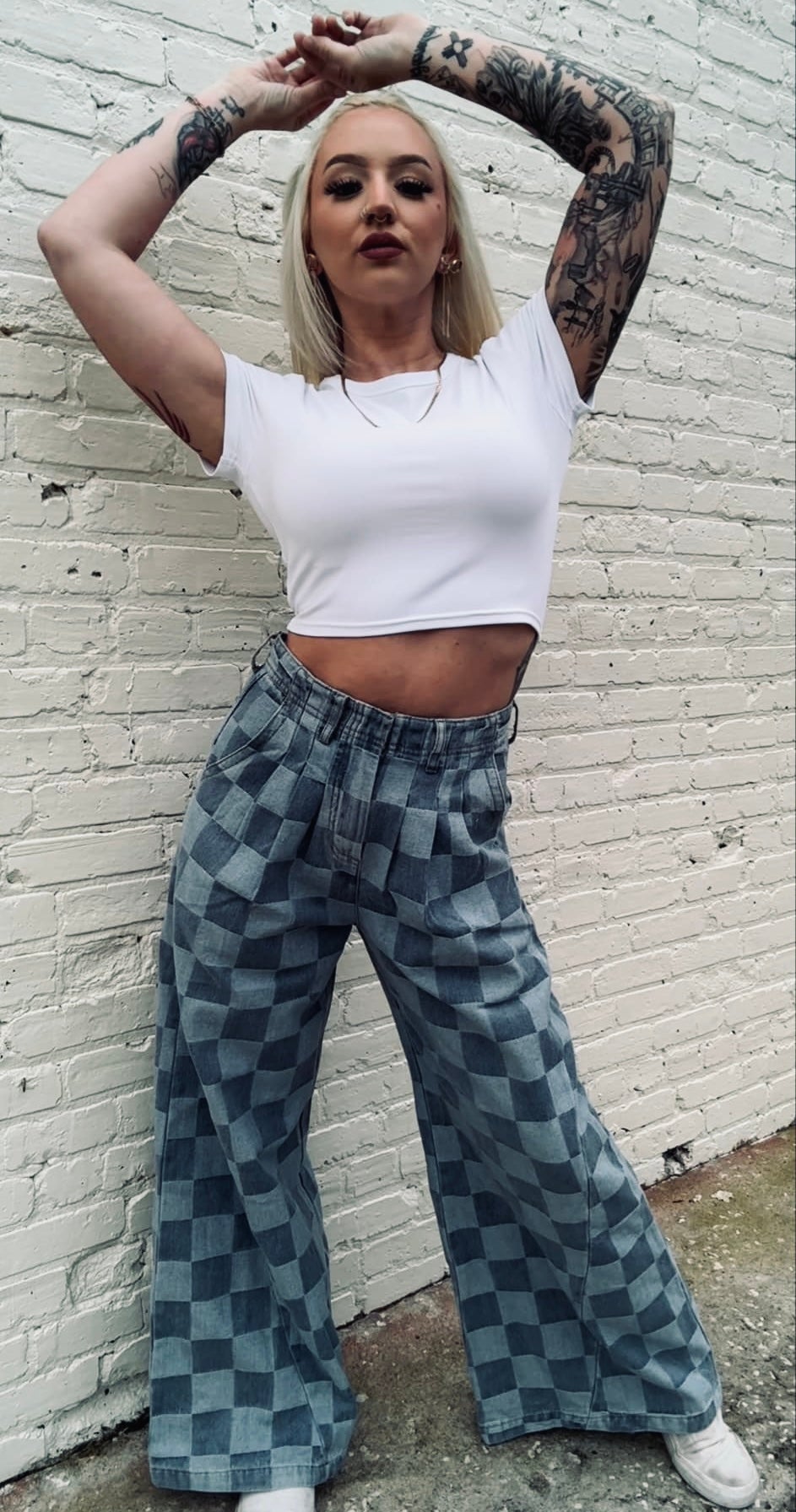 Checkered Denim Wide Leg Pants (As is)