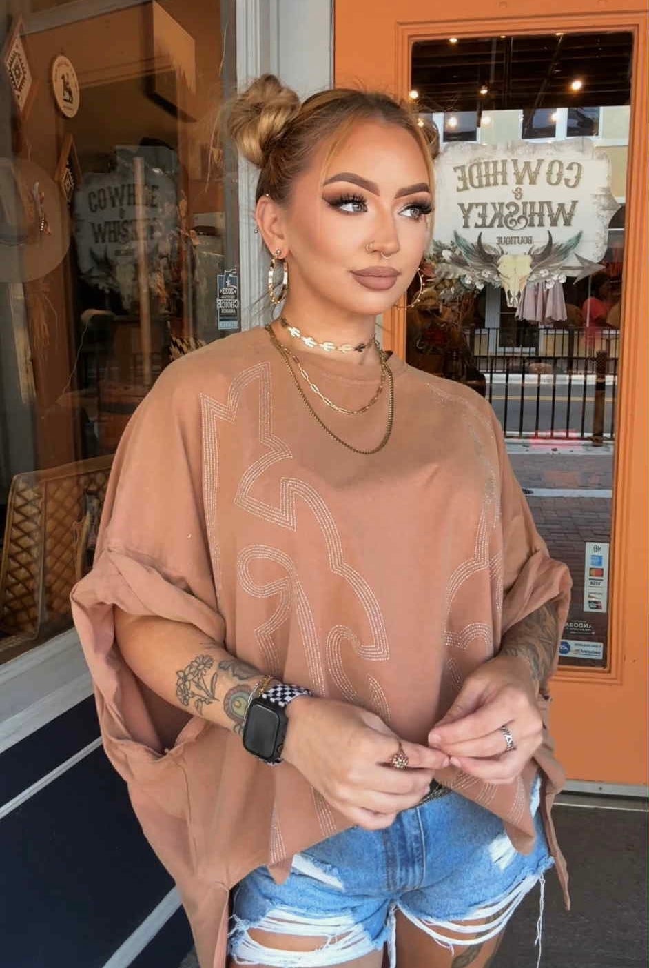 Glitter Boot Stitch - Camel Dolman Top