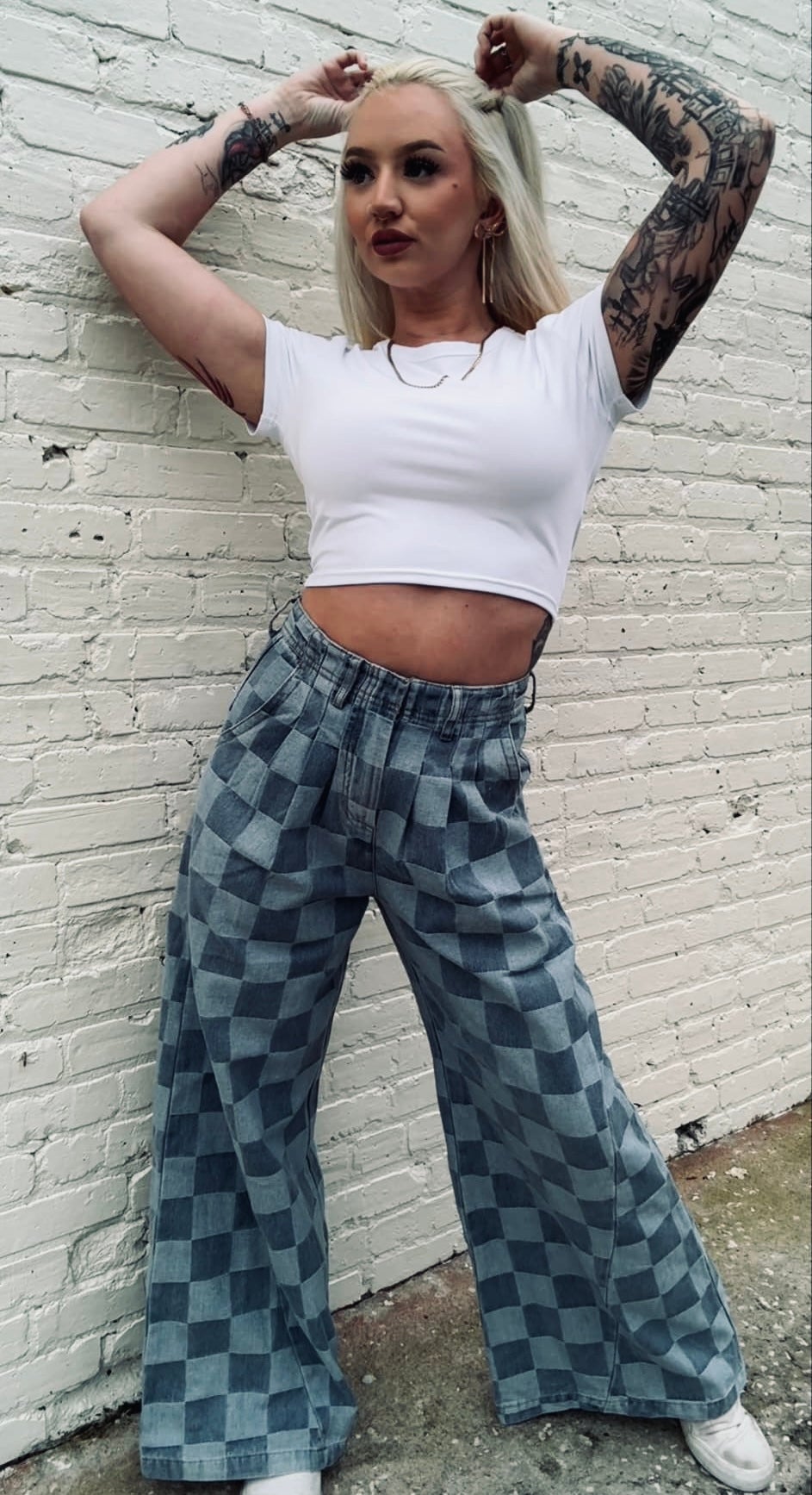 Checkered Denim Wide Leg Pants (As is)
