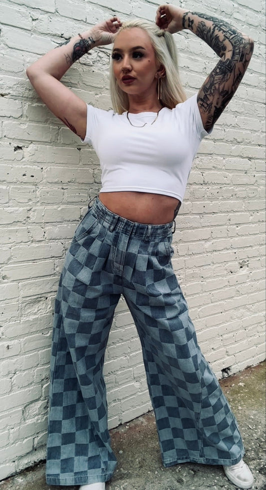 Checkered Denim Wide Leg Pants (As is)