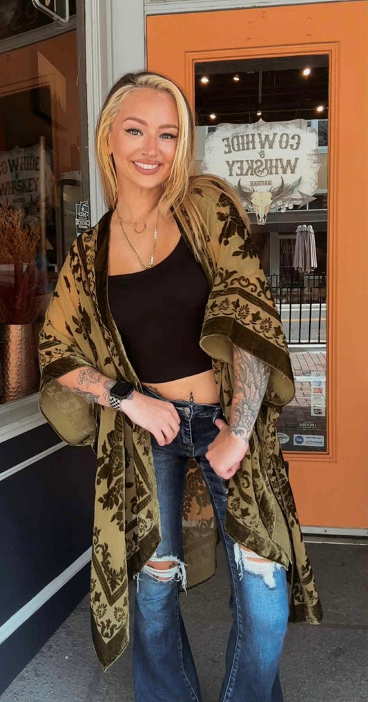 Velvet Antler - Burn Out Olive Kimono