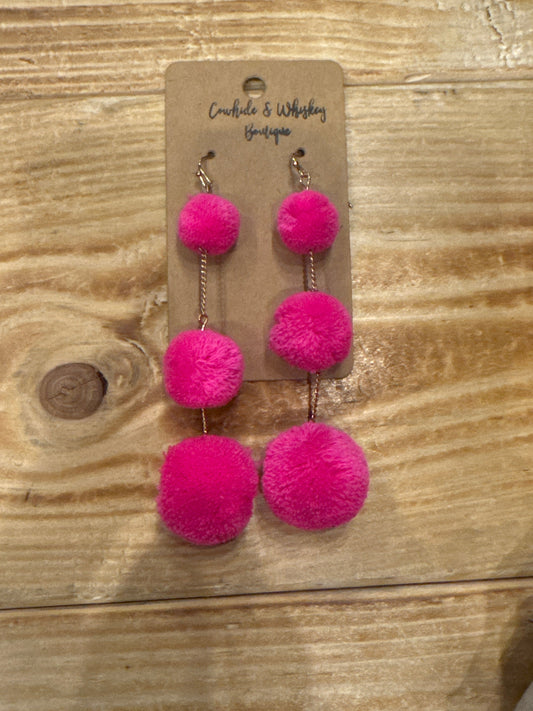 Triple Stack - Pink Pom Earrings