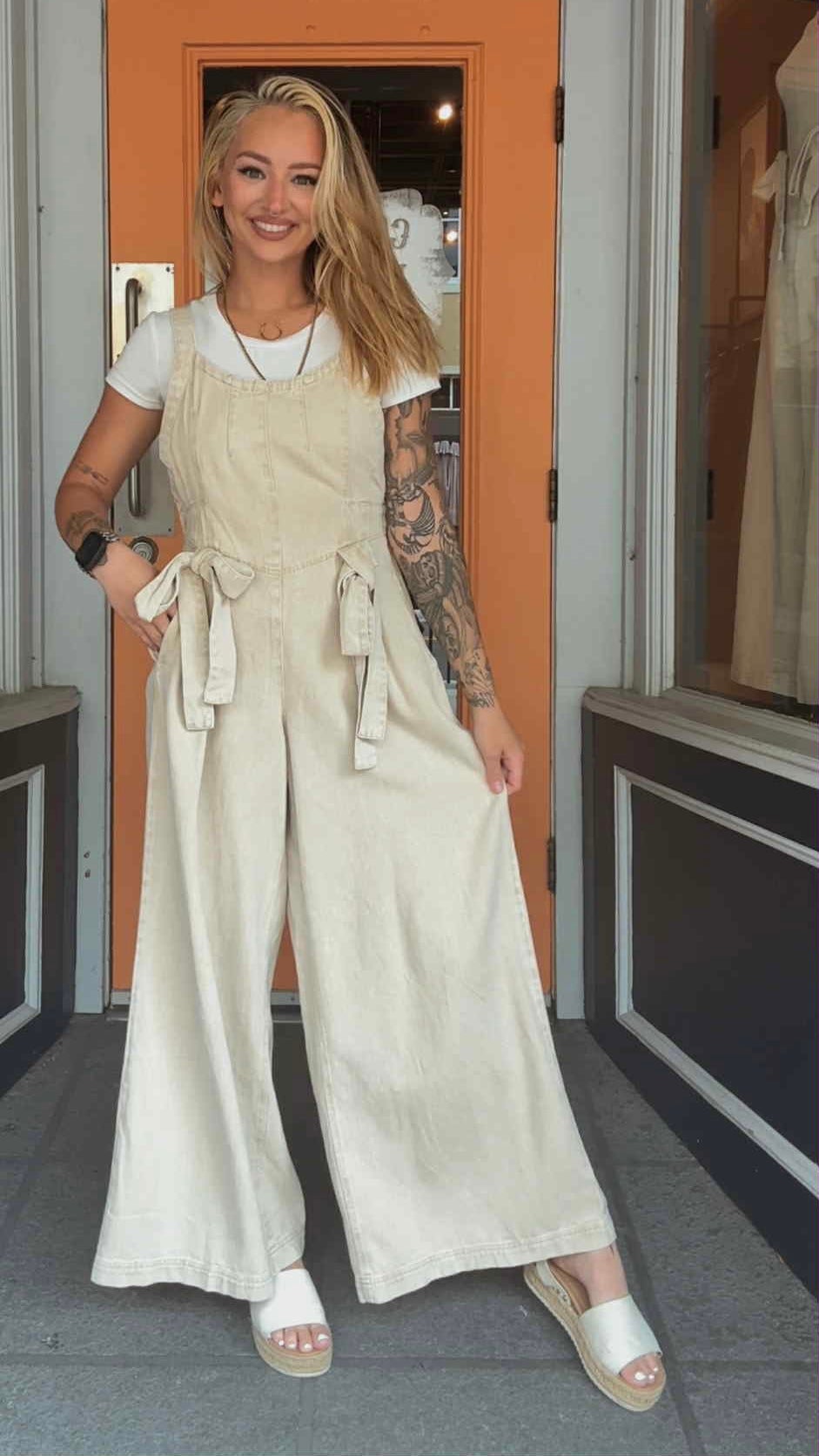 Sandstone Charm - Tan Bow Jumpsuit
