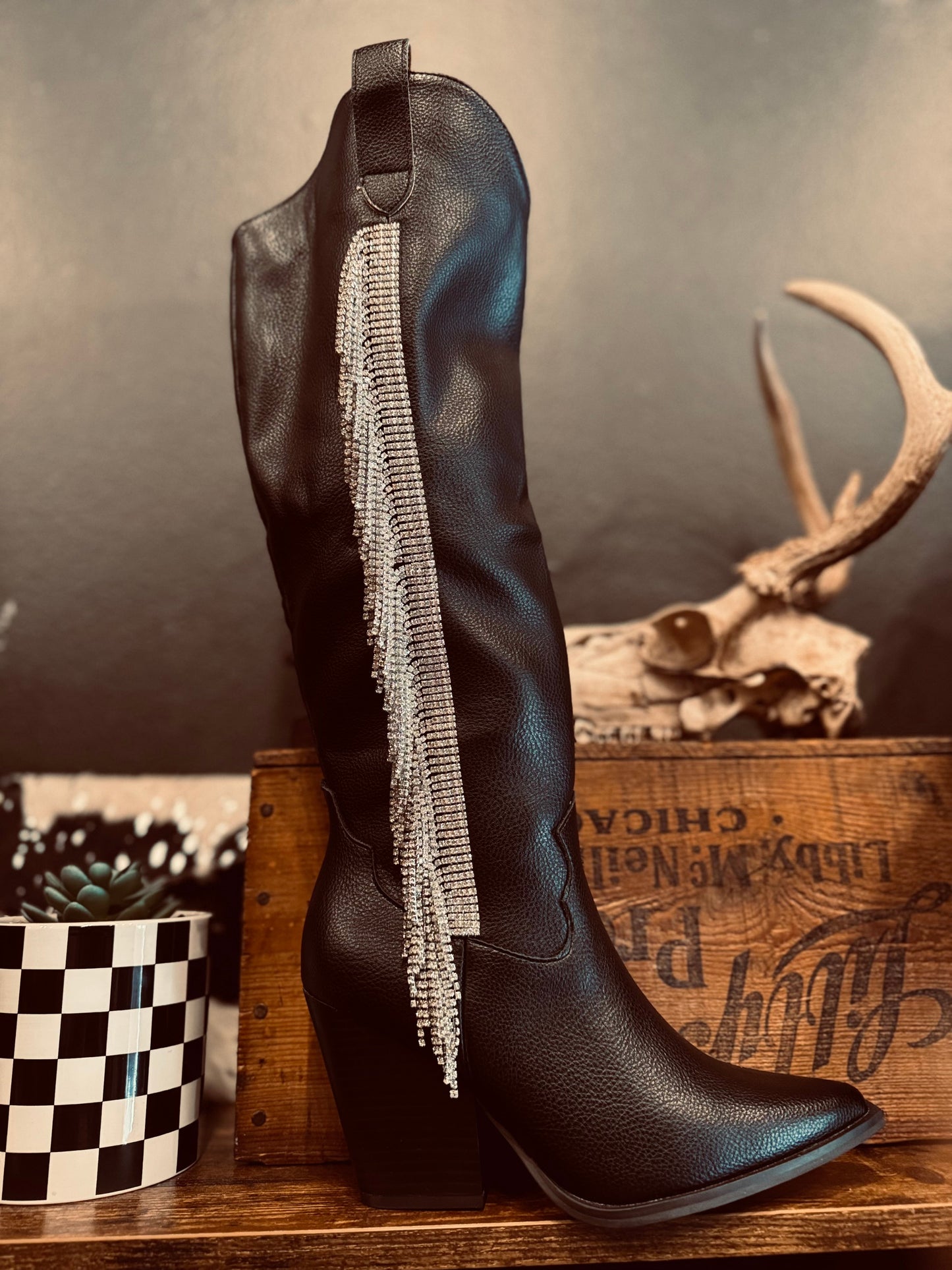 Gussied Up - Black Rhinestone Fringe Boot