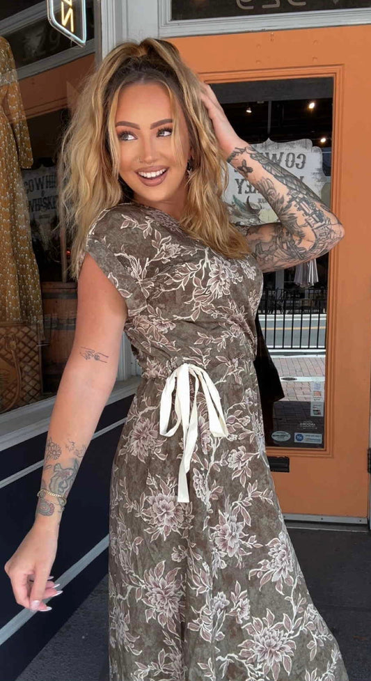 Tied in Bloom - Olive Midi Dress