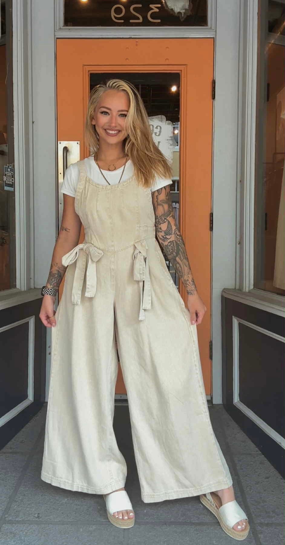 Sandstone Charm - Tan Bow Jumpsuit