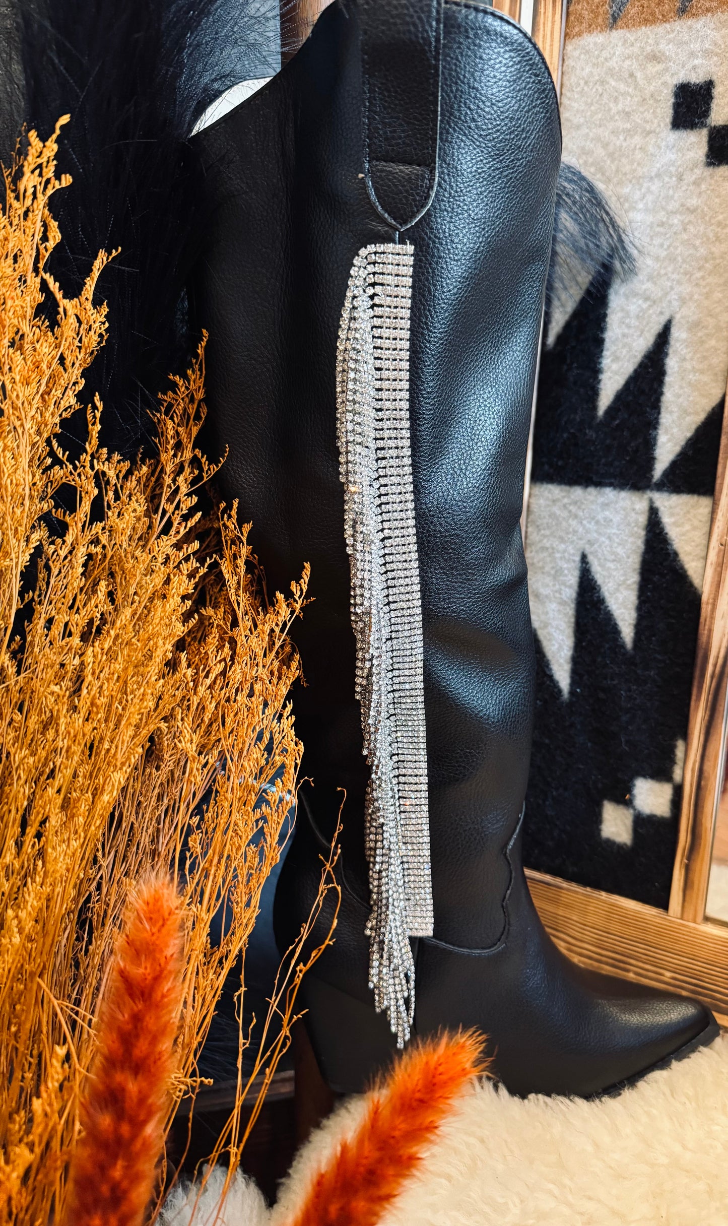 Gussied Up - Black Rhinestone Fringe Boot