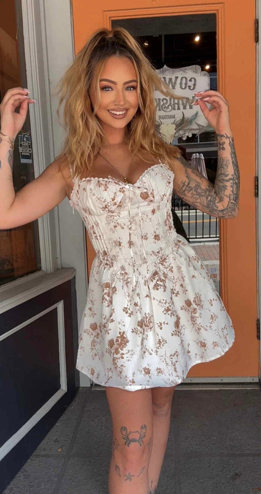 Whisk Me Away - Brown Floral Corset Dress