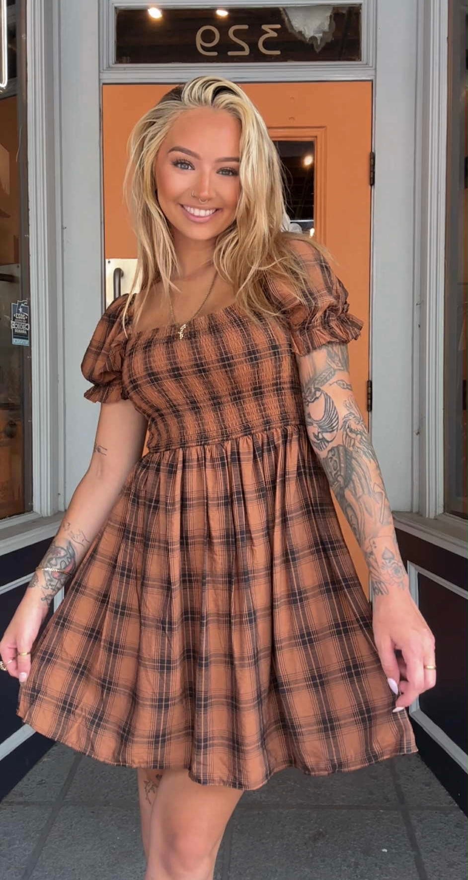 Autumn Spice - Camel Plaid Dress