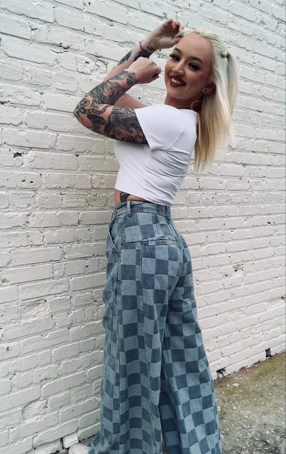 Checkered Denim Wide Leg Pants (As is)