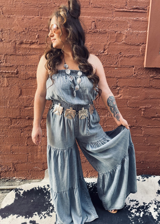 Blue Bell Babe - Ruffle Denim Jumpsuit