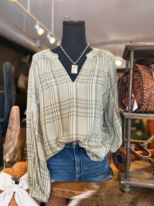 Gathered Seasons – Olive Plaid Top